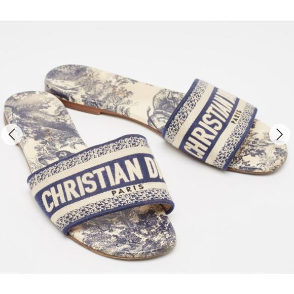 NWOT Dior Dway Canvas Slip On Flat Slide Sandals Blue/Cream Women's 37.5 / 7.5 - Picture 1 of 6